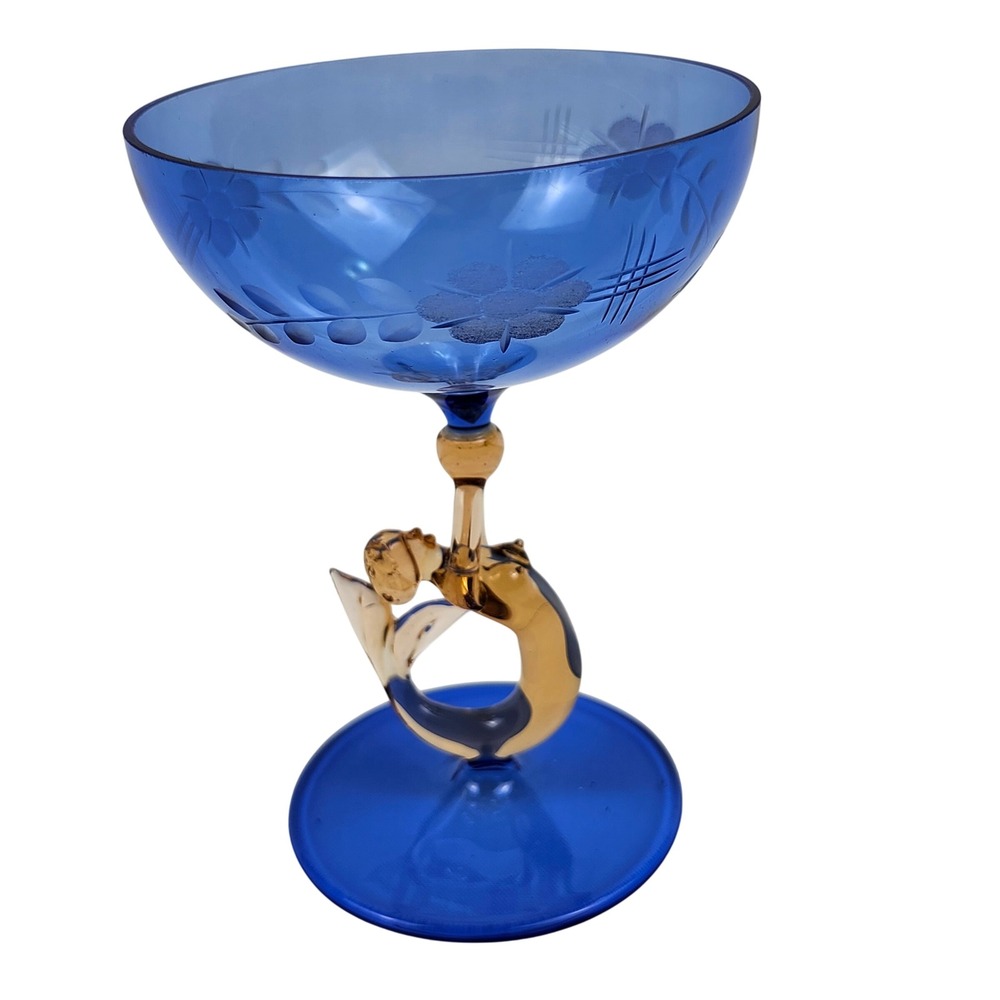 VTG Art Deco Bimini Glass Fritz Lampl Austria Nude Mermaid 1920s Blue Amber